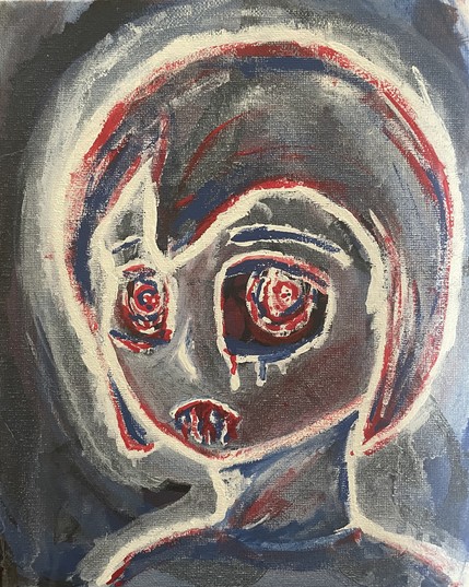 painting with black and blue background. An outline of a person from the shoulders up. The person has large eyes. The eyes and mouth are dripping. The painting has red accents.