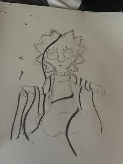 An unfinished drawing of Lisa Simpsons covered in wires, resembling the character Lain Iwakura
