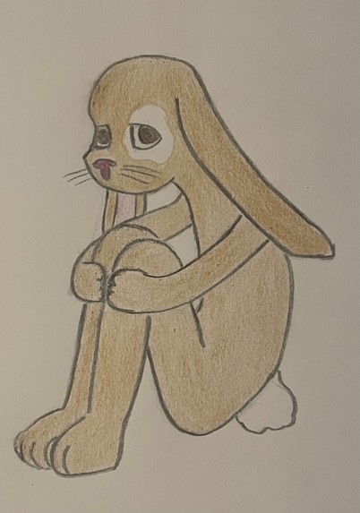 a pencil drawing of a cartoonish tan anthro bunny with a white spot around its eye sitting curled up with its paws around its legs looking nervous
