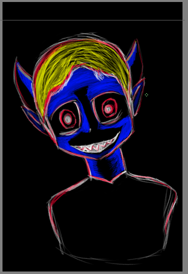 WIP sketchy digital art of a demonic figure with sharp teeth grinning. The drawing uses white, yellow, blue, and red on a black background 